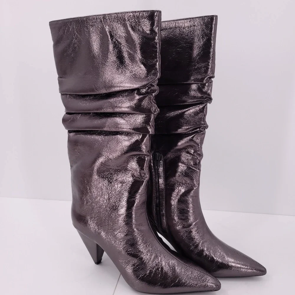 INC Diiannaa Silver Slouchy Knee-High Boots Cone Heel Pointy Toe Zipper Size 7.5